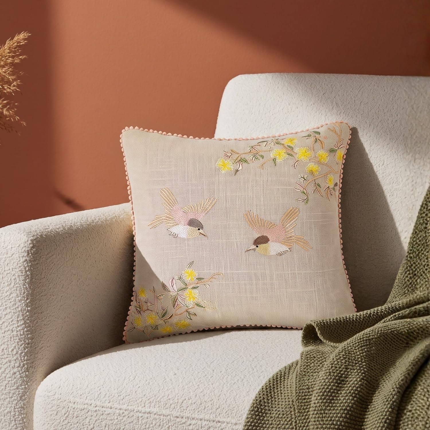 haus & kinder Cushion Cover 16 x 16 Inch | Embroidered Decorative Cushion Cover for Sofa, Bed & Home Decor | Arbor Wing Beige | Pack of 1