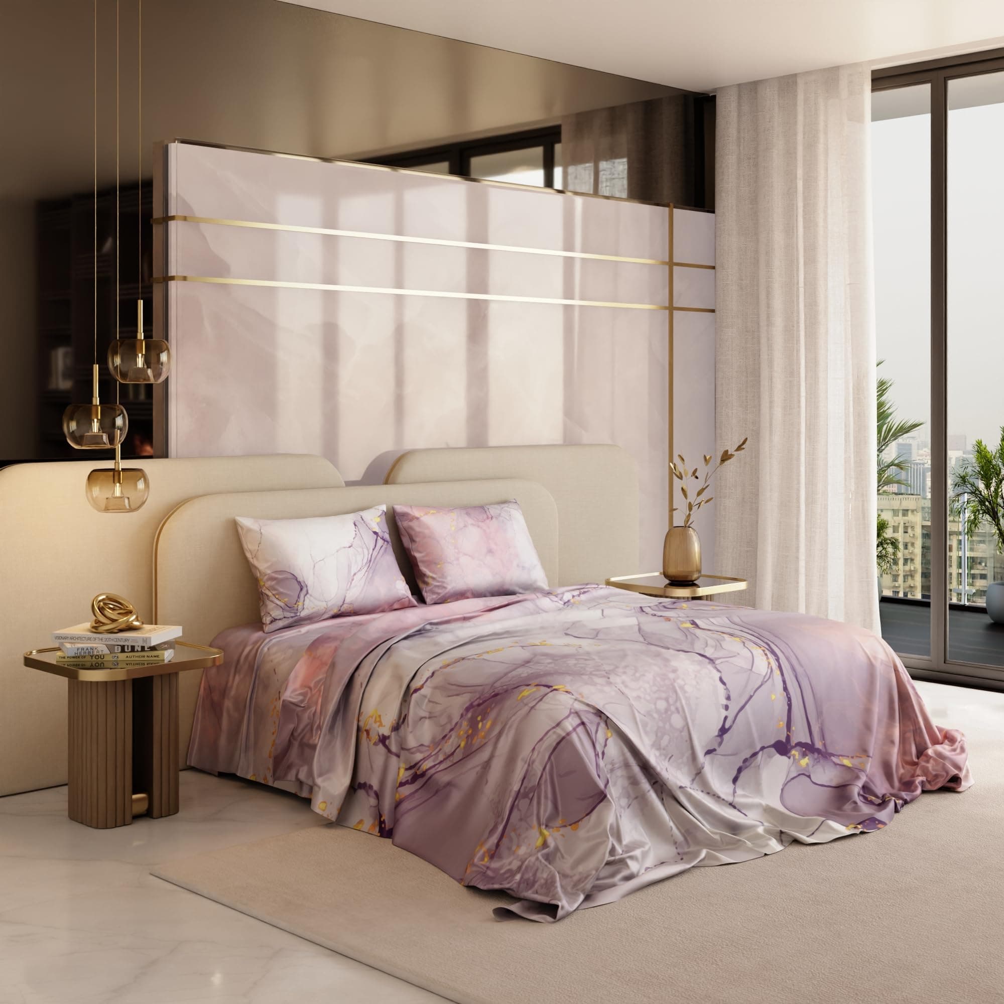 Stoa Paris 300TC UltraSatin Super Size Bedsheet with 2 Pillow Covers, 274cm x 274cm Ideal for King & Double Bed, Gentle on Skin & Hair, Fade & Wrinkle Resistant, Quick Dry, Louvre - Lavender, Peach