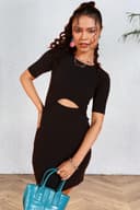 POPWINGS Women Casual Black Solid Self Design Front Cutout Dress | Women Dress | Short Sleeve Dress | Round Neck Dress | Above Knee Length Dress 2