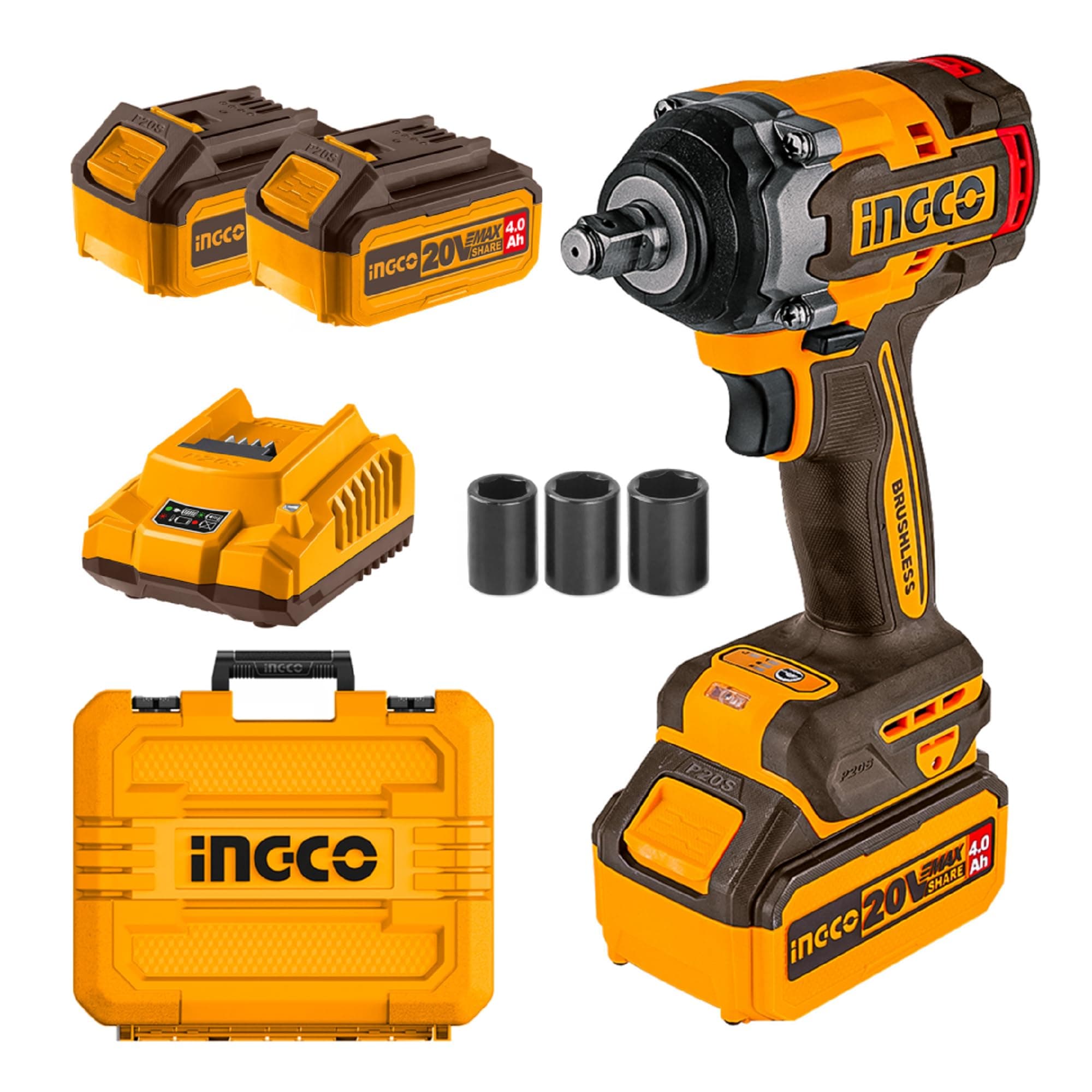 Ingco Brushless Impact Wrench, Nut-Busting Torque 650Nm, 20V Cordless 1/2 Inch Battery Impact Gun, 2200RPM with 2 PCS 4.0 Ah Battery Packs and Fast Charger