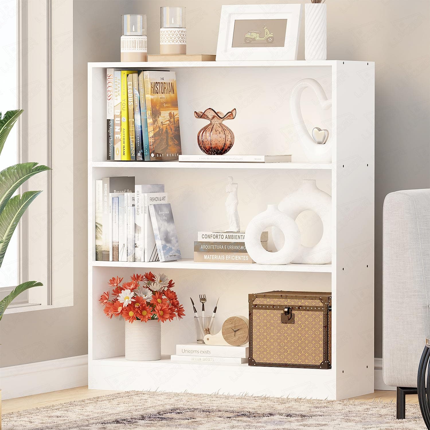 Lukzer 3‑Tier Engineered Wood Bookshelf & Shoe Rack – Open Storage Organizer | Multipurpose Book & Shoe Shelf for Home, Office, Kitchen | DIY Assembly | Made in India (MR‑014/White/100×83×28 cm)