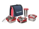 Signora Ware Best Squarex Stainless Steel Lunch Box With 100% Steel Lids And Red Blue Bag, 225Ml+350Ml+500Ml+ (370Ml Tumbler), Set Of 4, Red 1