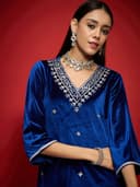 Shae by SASSAFRAS Women Velvet Emb V-Neck Short Kurta With Palazzos 4