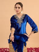 Shae by SASSAFRAS Women Velvet Embroidered Straight Kurta With Pencil Pants 2