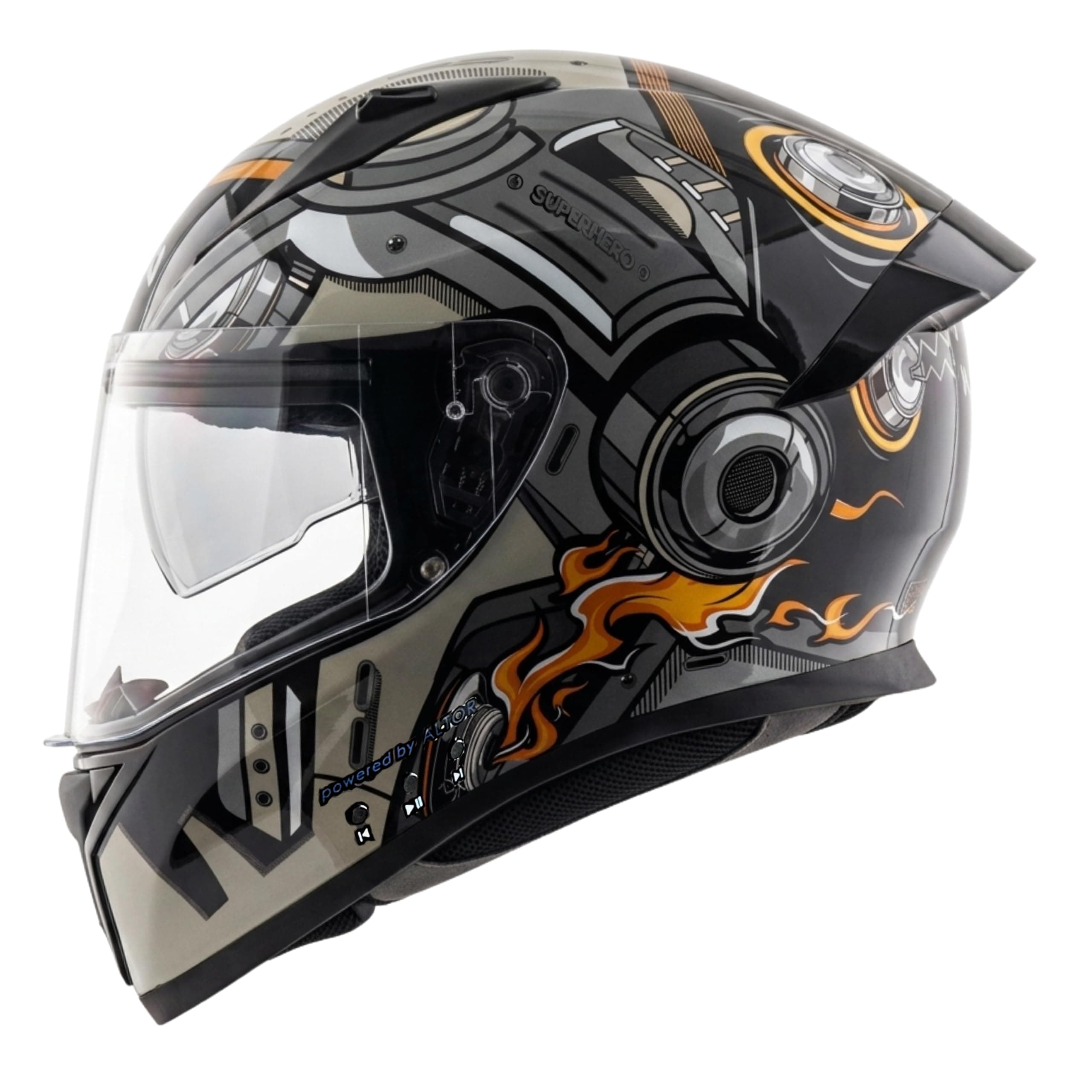 Vega Bolt Superhero Smart Bluetooth Full-Face Helmet – Advanced Safety, Shockproof, Aerodynamic, Premium Comfort Black Grey M