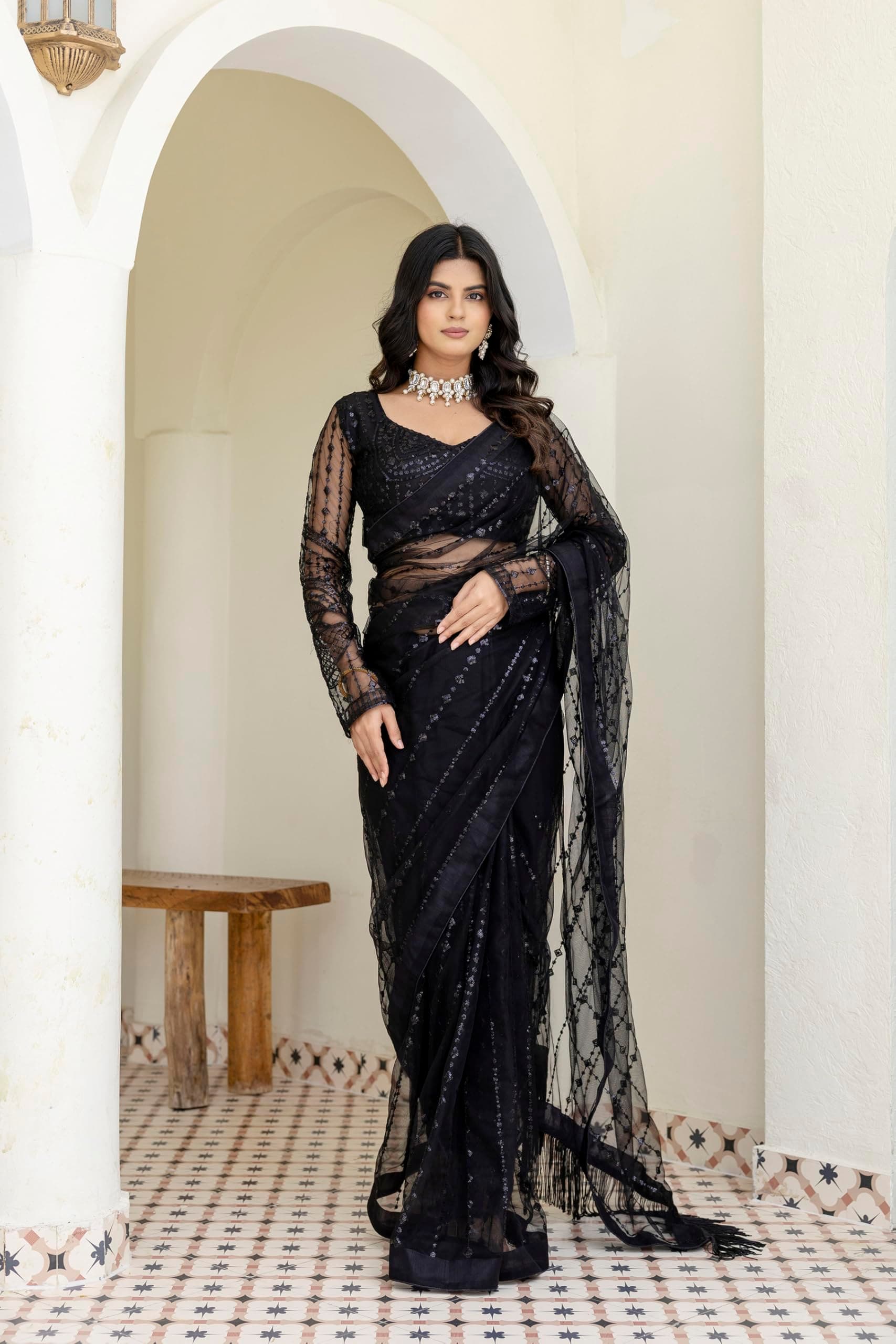 Black Sequin Embellished Saree with Sheer Long Sleeves
