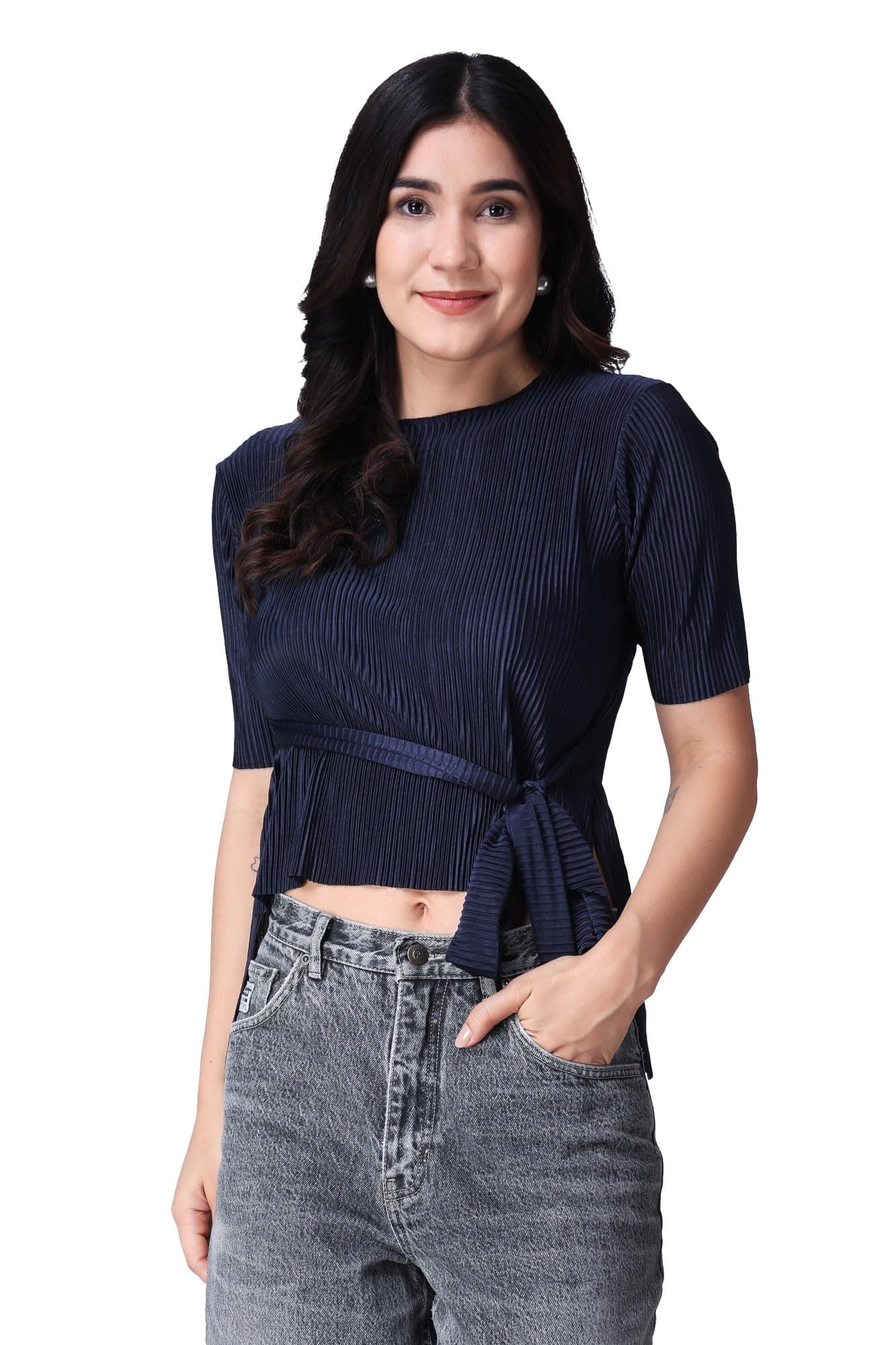 POPWINGS Casual Wrinkle Belt Top for Women || Round-Neck Stylish Summer Tops for Women || Half Sleeves Tops for Women