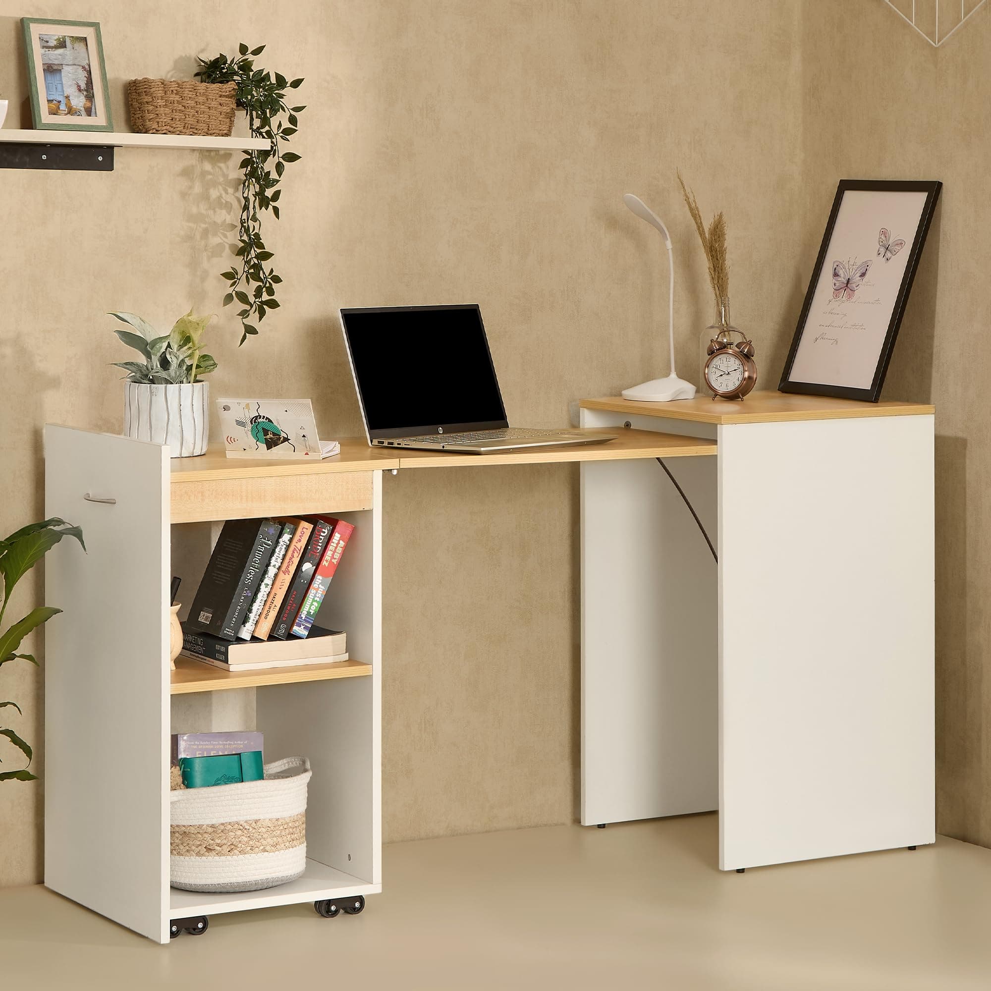 Green Soul Kyoto Foldable Study Table (2026 Edition) with Space-Saving Design, Expansive Tabletop Storage Shelves Engineered Wood Ideal for Study, Bedroom or Home Office, White & Oak 3 Year Assurance