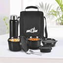 MILTON Pro Lunch Box with Steel Cutlery, 3 Microwave Safe Inner Steel Containers (180ml, 320ml, 450ml) Plastic Chutney Dabba 100ml, Bottle 750ml with Insulated Bag, Office Tiffin, Black 5