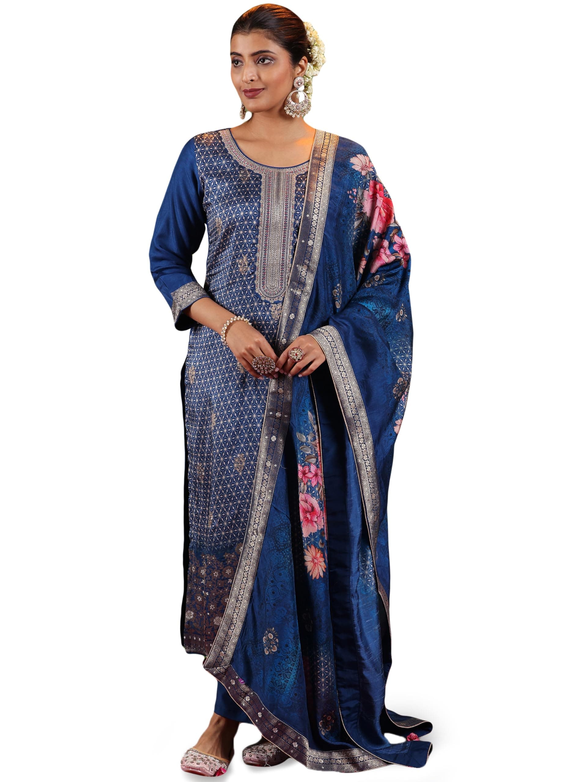 Libas Womens Printed Silk Blend Straight Kurta With Trousers and Dupatta | daily wear suit