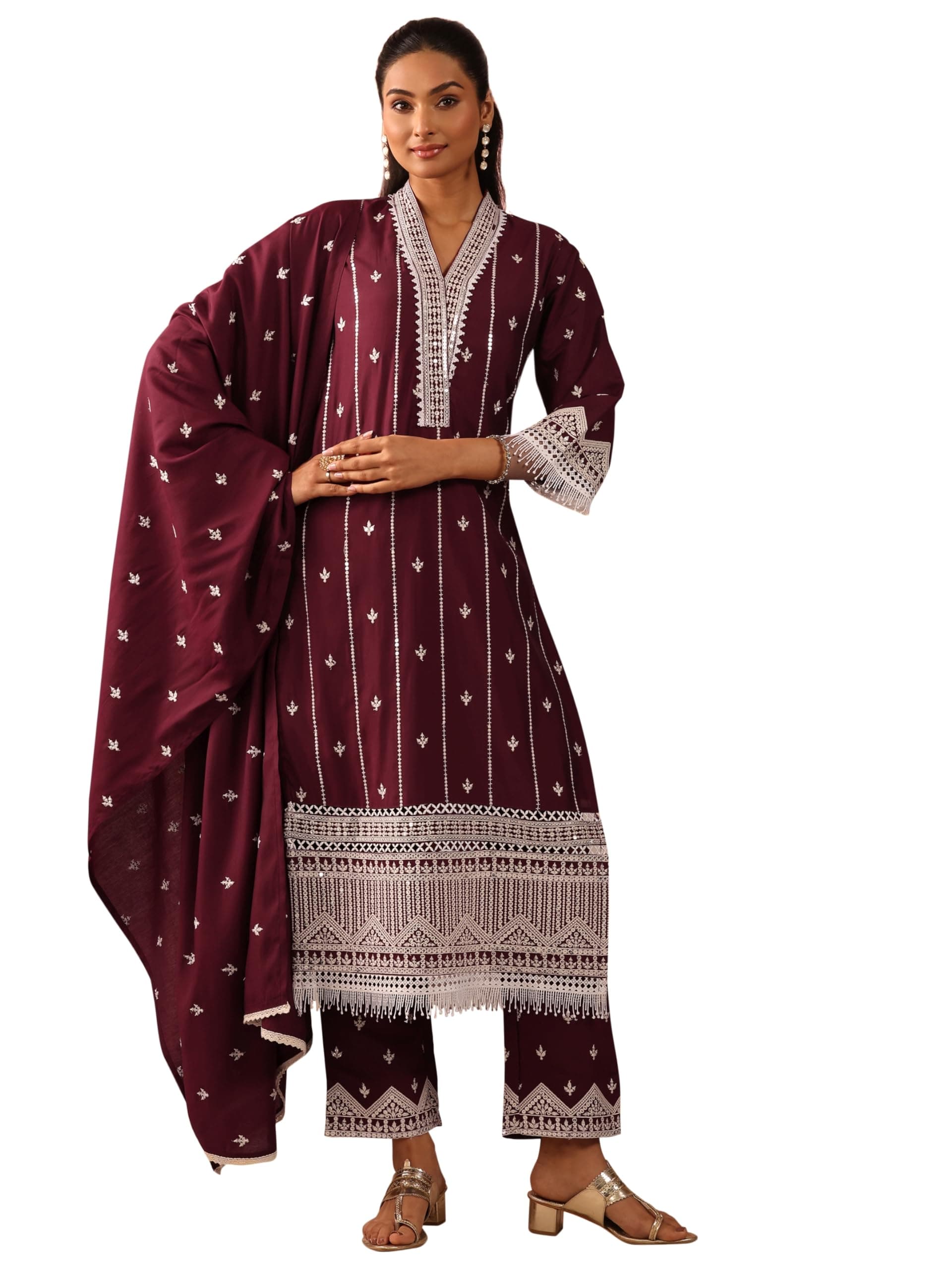 Libas Maroon Embroidered Silk Blend Straight Kurta set for Women | ethnic wear | bridal suit | wedding dress | occasion wear