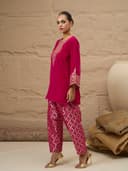 Shae by SASSAFRAS Women Velvet Embroidered Short Kurta With Farshi Salwar 3
