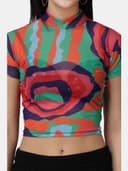 POPWINGS Women Casual Green Black Geomatrics Print Halter Neck Half Sleeve Net Crop Top 4