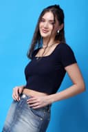 POPWINGS Women Casual Black Solid Short Sleeve Self Design Crop Top | Women Tops | Women Regular Tops | Women Tops | Women Stylish Tops 2