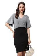 POPWINGS Women Casual Black & White Sleeveless Printed Knee Length Bodycon Dress 1