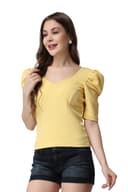 POPWINGS Casual Lime Yellow Top for Women || Cute Puff Half Sleeves Women Top for Summer || V-Neck Top for Women || Stylish Latest Western Women Tops for Summer 2
