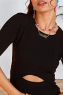 POPWINGS Women Casual Black Solid Self Design Front Cutout Dress | Women Dress | Short Sleeve Dress | Round Neck Dress | Above Knee Length Dress 5