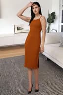 POPWINGS Casual Solid Knee Length Bodycon Dress for Women | Strap Boat Neck Bodycon Dress for Women | Summer Stylish Western Bodycon Dresses for Women 3