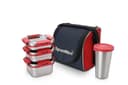 Signora Ware Best Squarex Stainless Steel Lunch Box With 100% Steel Lids And Red Blue Bag, 225Ml+350Ml+500Ml+ (370Ml Tumbler), Set Of 4, Red 2