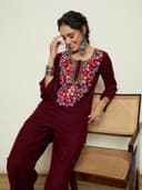 Shae by SASSAFRAS Women Woollen Embroidered Round Neck Short Kurta With Straight Pants 2