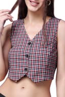 POPWINGS Casual Check Printed V-Neck Sleeveless Button Closure Waistcoat Crop Top for Women || Stylish Western Woman Crop Top for Summer || Sleeveless V-Neck Crop Tops for Women 1