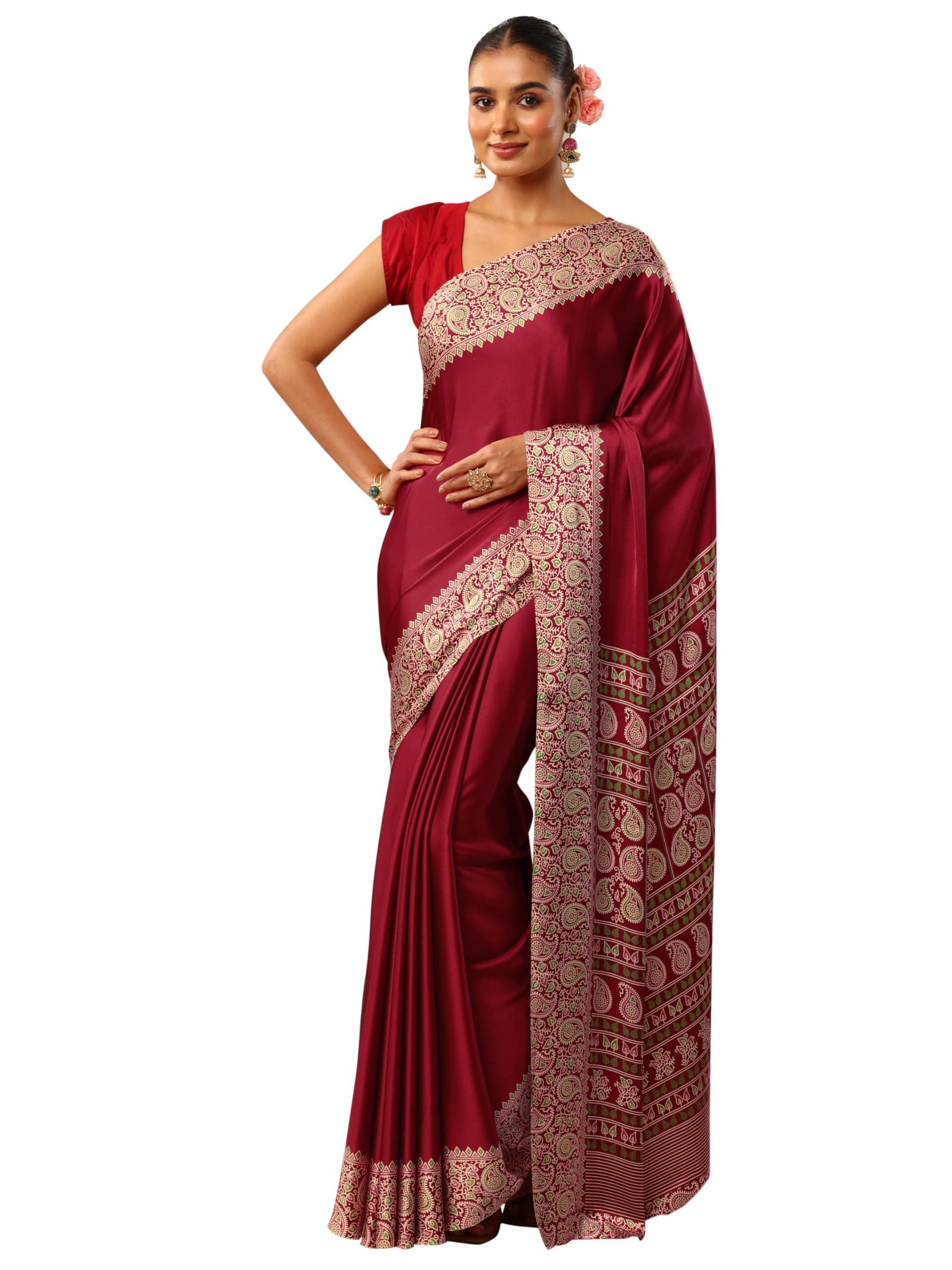 Libas Printed Satin Saree for Women With Unstitched Blouse Piece | Traditional Saree for Festive & Wedding