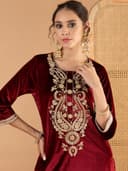 Shae by SASSAFRAS Women Velvet Embroidered Round Neck Kurta With Pencil Pants 4