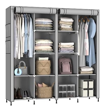 MY ARMOR Wardrobe for Bedroom, 4-Door Foldable Wardrobe, Multipurpose Collapsible Fabric Almirah for Clothes Metal with ABS Plastic Frame, 12 Shelves and 2 Hanging Rods | Grey