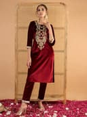 Shae by SASSAFRAS Women Velvet Embroidered Round Neck Kurta With Pencil Pants 2