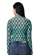 POPWINGS Mesh Net Geometric Print Regular Fit Halter Neck Full Sleeves Crop Tops for Women 5