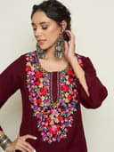 Shae by SASSAFRAS Women Woollen Embroidered Round Neck Short Kurta With Straight Pants 4