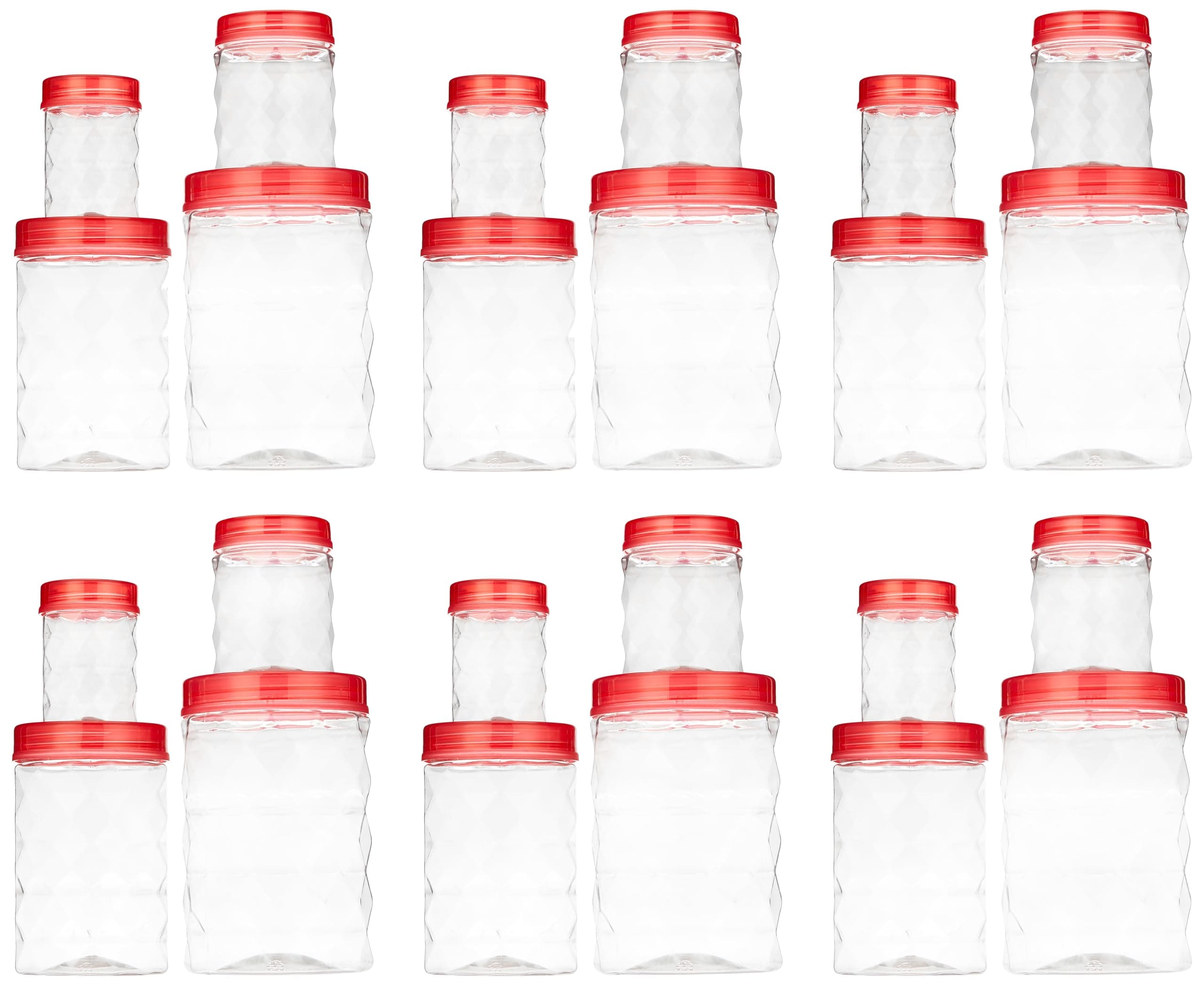 Clazkit Plastic Pet Storage Jar and Container, Set of 24 (120ml, 350ml, 650ml, 1.20ltrs Each), Red|Air Tight |Kitchen Organiser|BPA Free|Stackable