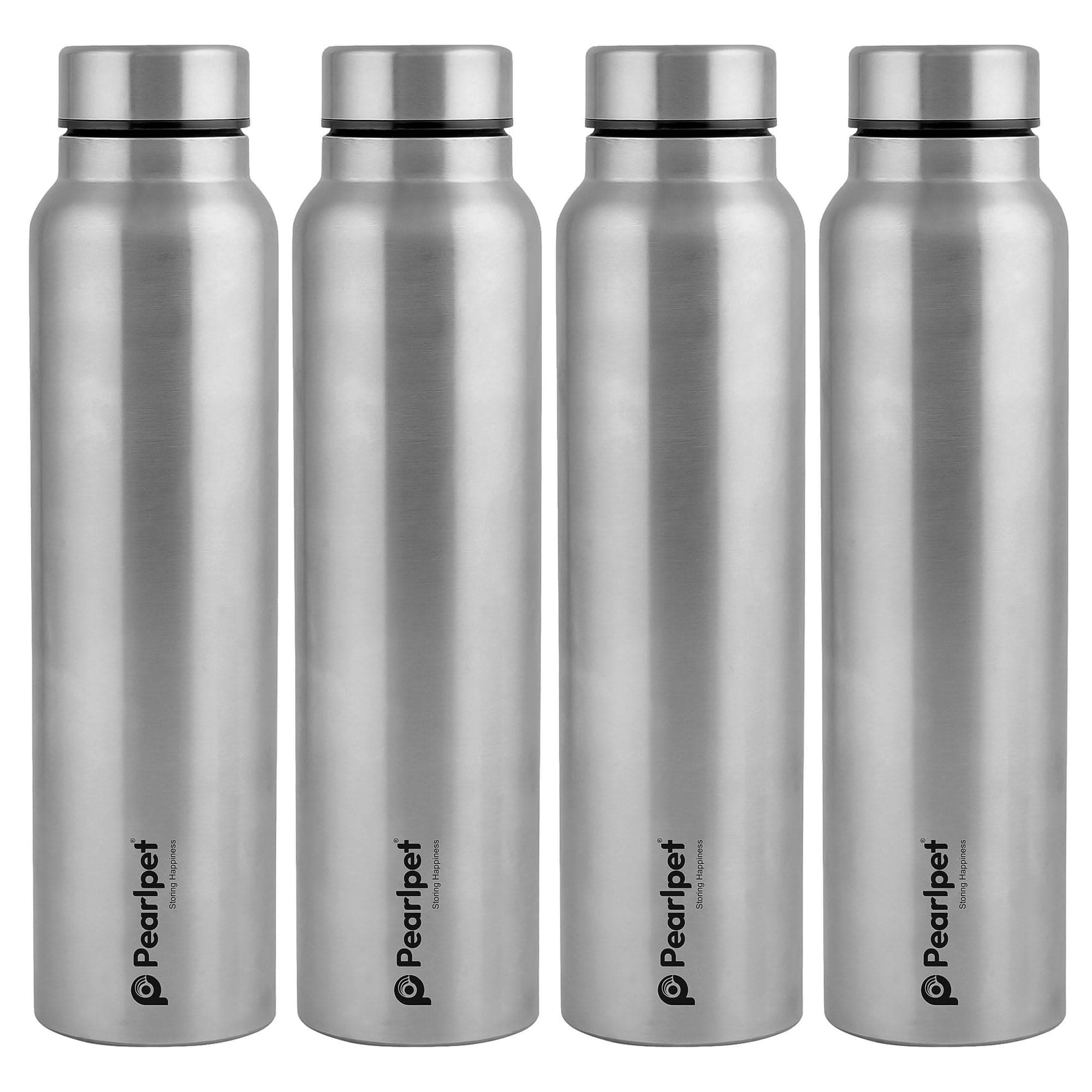 PEARLPET F10 Single Wall Stainless Steel Water Bottle,1L, Silver, Pack of 4 (Matt Finish)