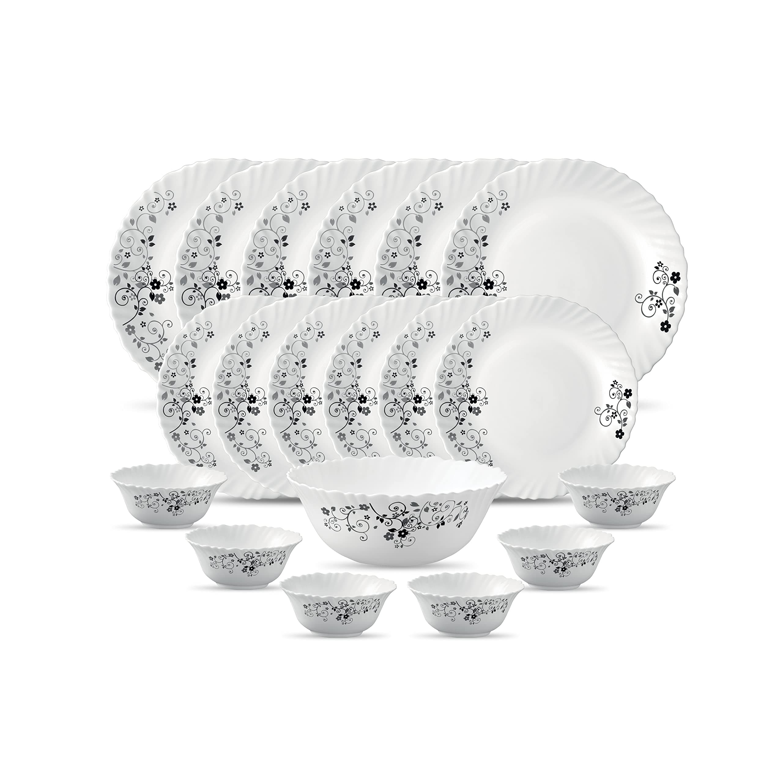 La Opala Diva Classique Collection Opal Glass Crockery | for Family of 6 | Dinner Set 19 pcs Mystrio Black | Plates & Bowls for Dining | Microwave Safe | 100% Vegetarian | Extra Strong | White