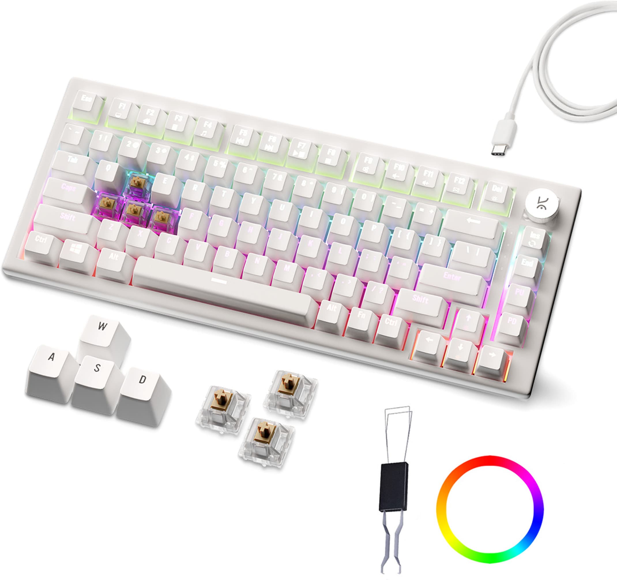 Kreo Hive RGB 75% Wired Mechanical Gaming Keyboard, Hot Swappable, Anti-ghosting Wired USB Tenkeyless Gaming Keyboard Compatible with Desktop, Laptop, Mac (White, Brown Switche)
