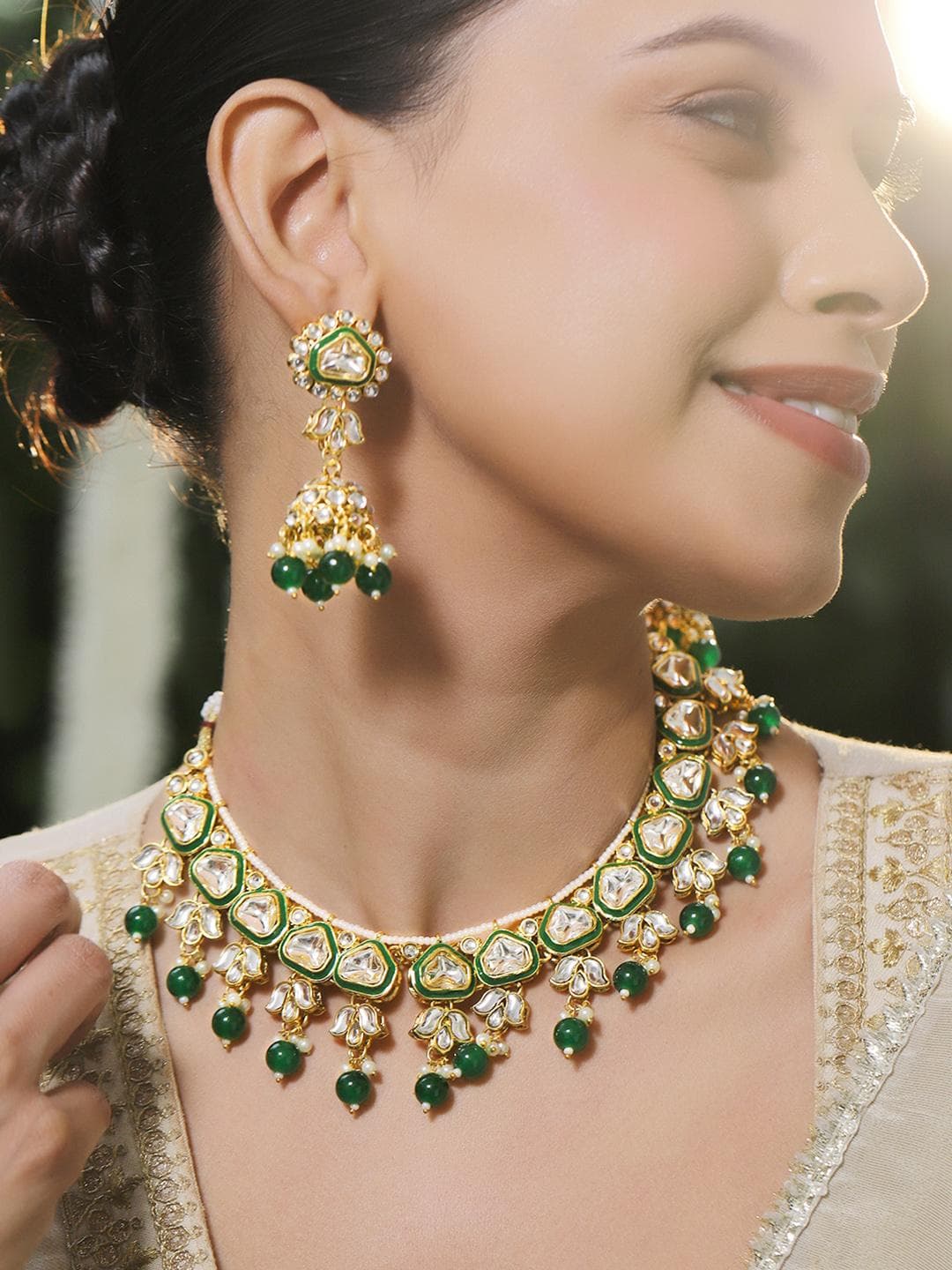 Rubans 22K Gold Plated Handcrafted Kundan Studded Green Enamel & Pearl Beaded Necklace Set