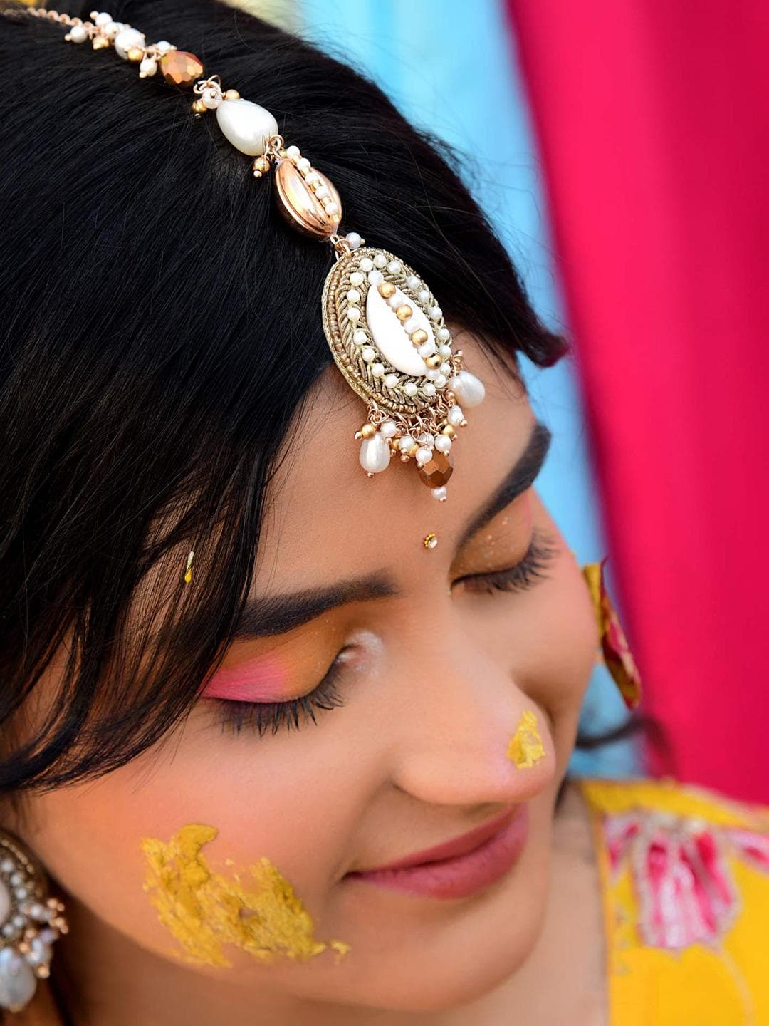EVERSTYLISH SANJOYA APSARA Gold Plated Studded And Beaded Maang Tikka With Head Jewellery