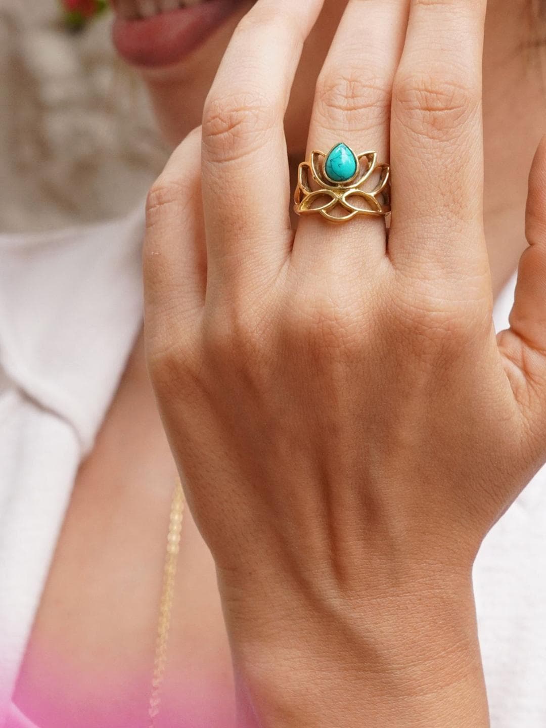 Soul Works Lotus Adjustable Brass Ring With Free Brasso Polishing Liquid