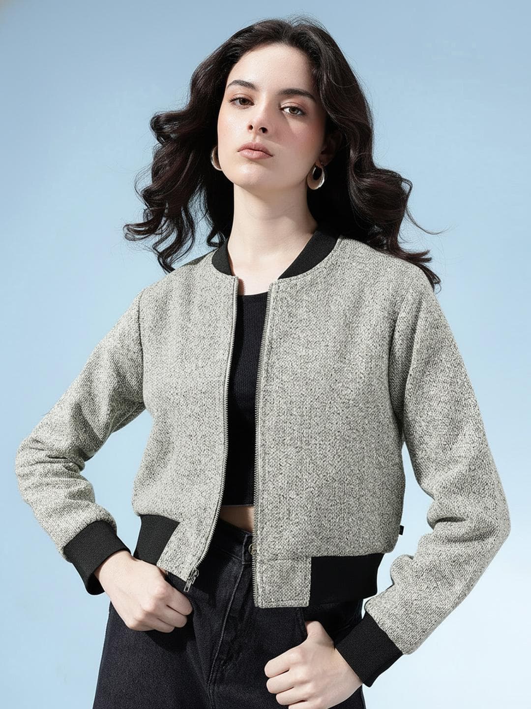 glitchez Stand Collar Relaxed Tweed Tailored Jacket