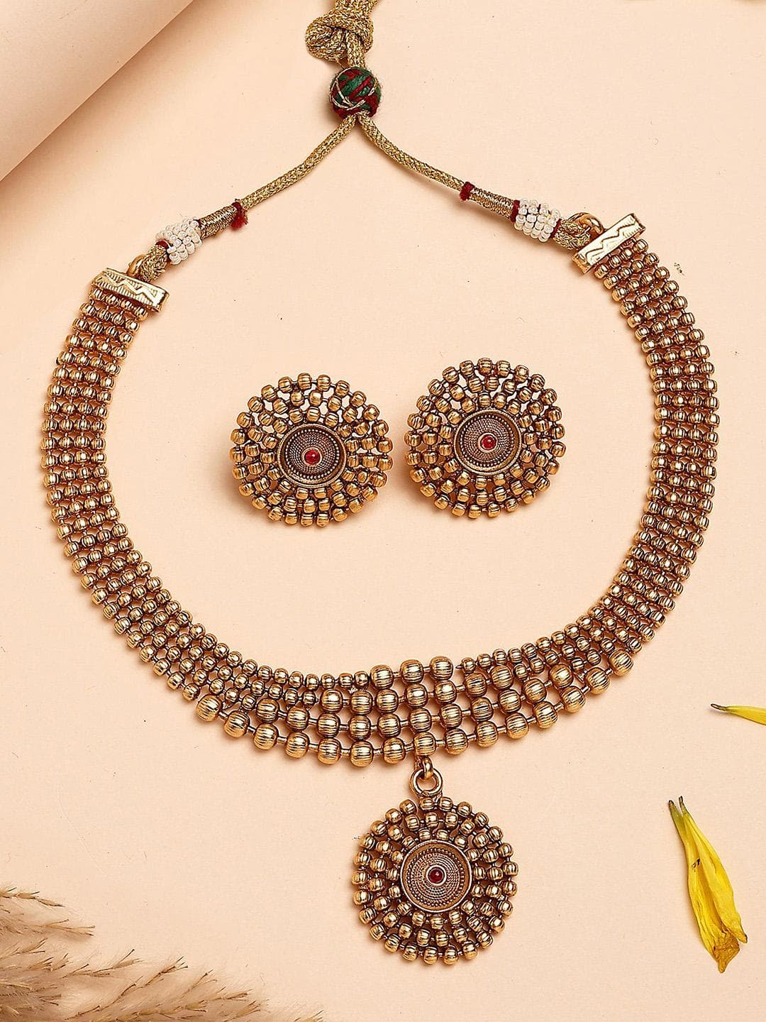KARATCART Gold Plated Kundan Stone Studded Round Balls Beaded Necklace And Earrings