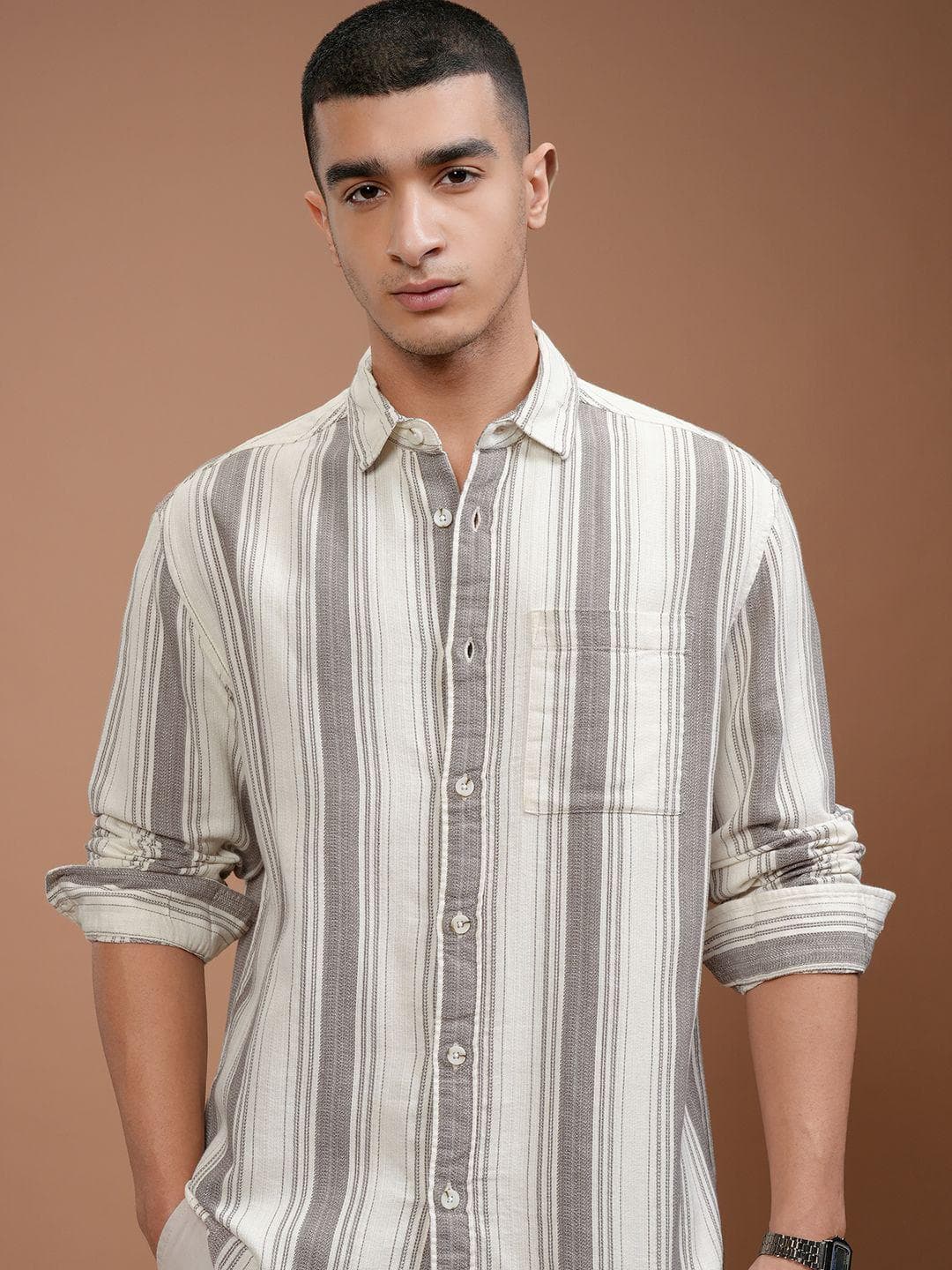 HIGHLANDER Men Relaxed Fit Spread Collar Vertical Striped Cotton Casual Shirt
