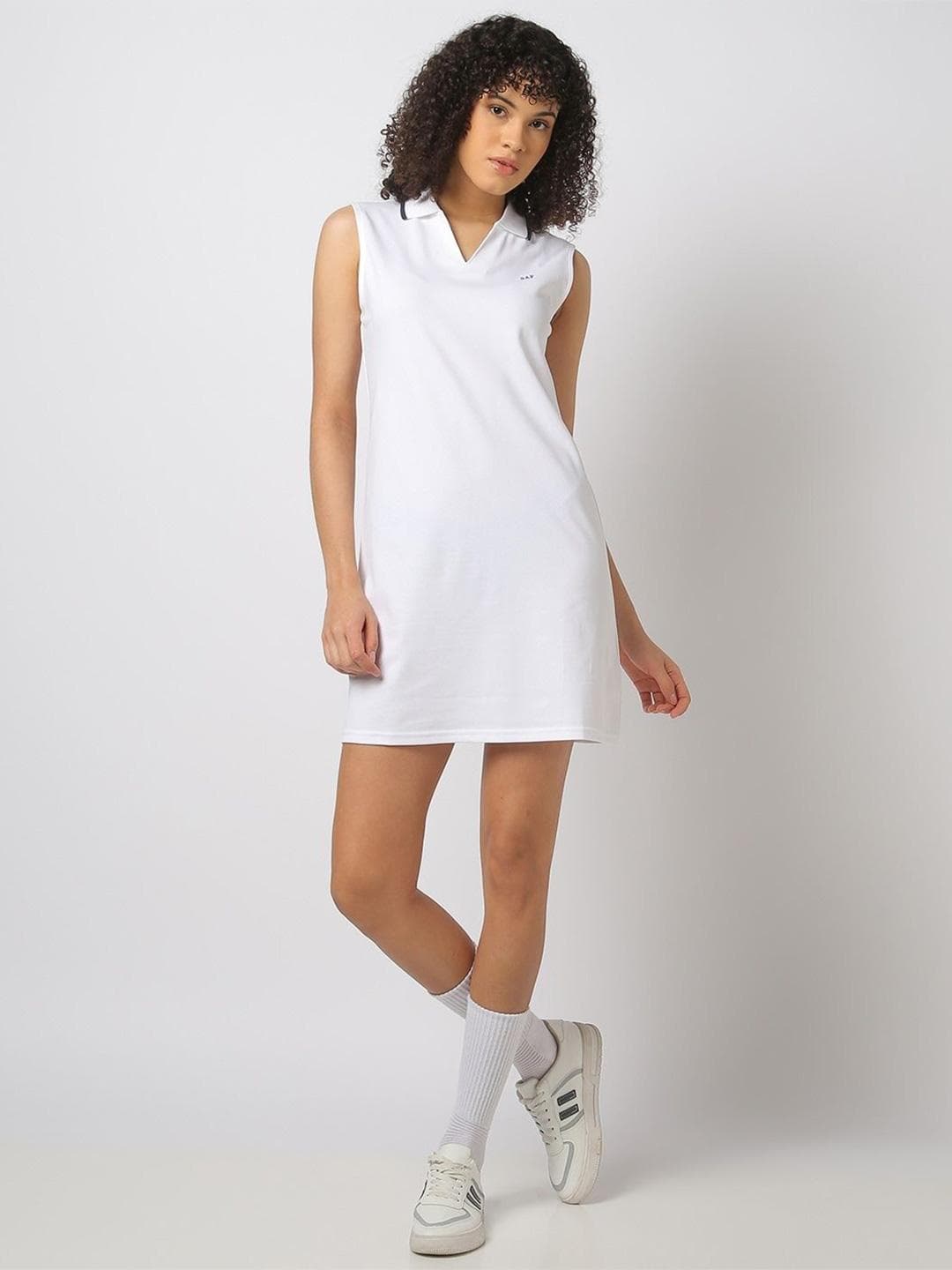 GAP Women Sleeveless Pure Cotton Pique Polo-Neck T-shirt Mini Dress