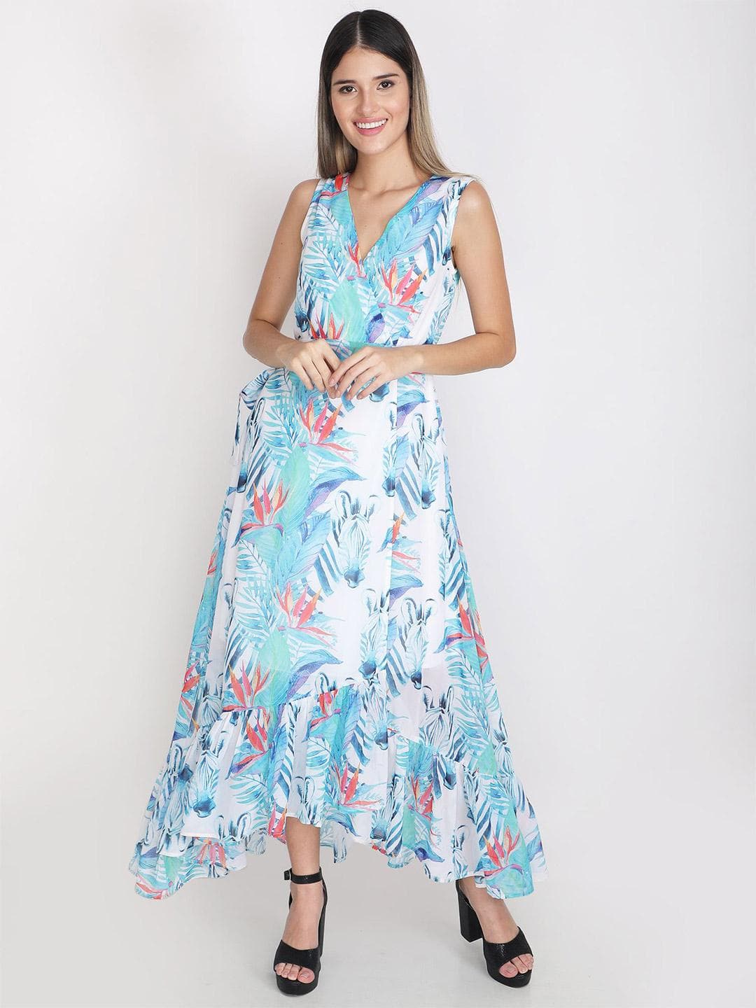 JAKANARY Floral Print Georgette Fit & Flare Maxi Dress