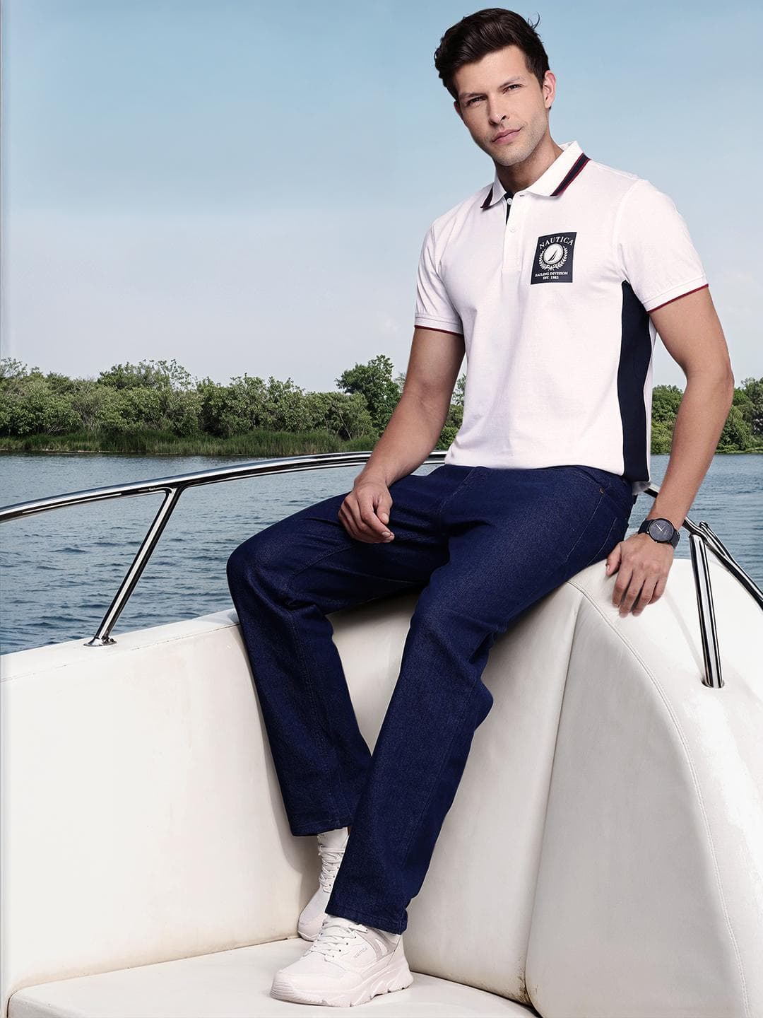 Nautica Pure Cotton Brand Logo Printed Polo Collar T Shirt