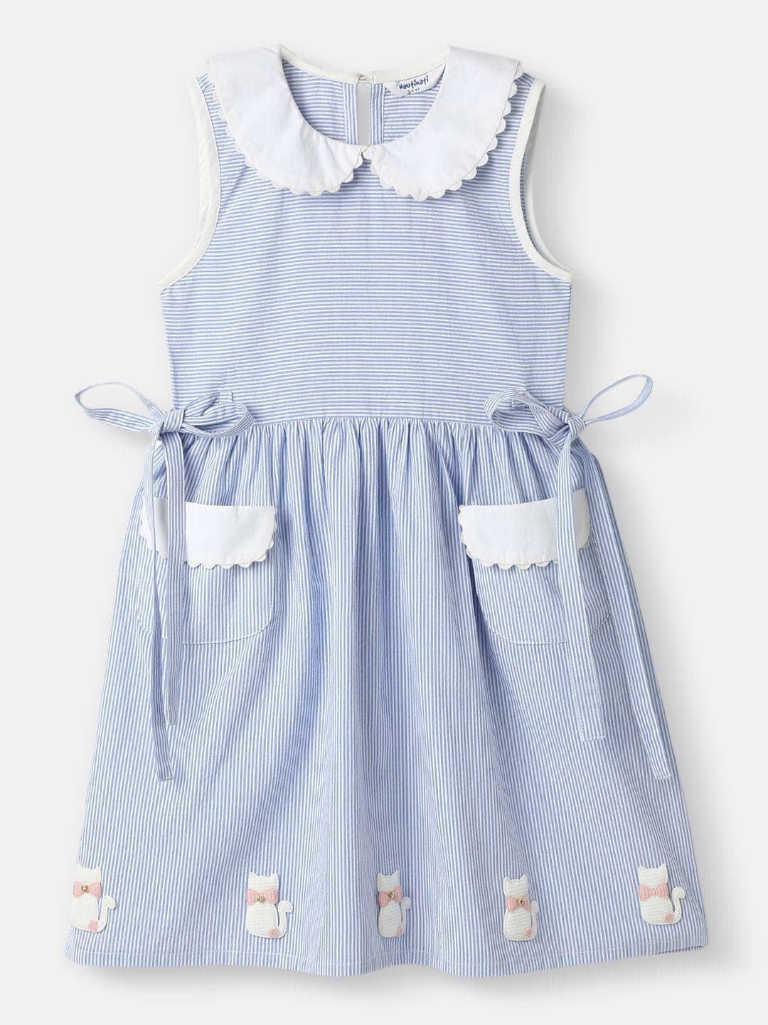 Nauti Nati Girl Cotton Peter Pan Collar Dress With Front Pockets And Cat Patches