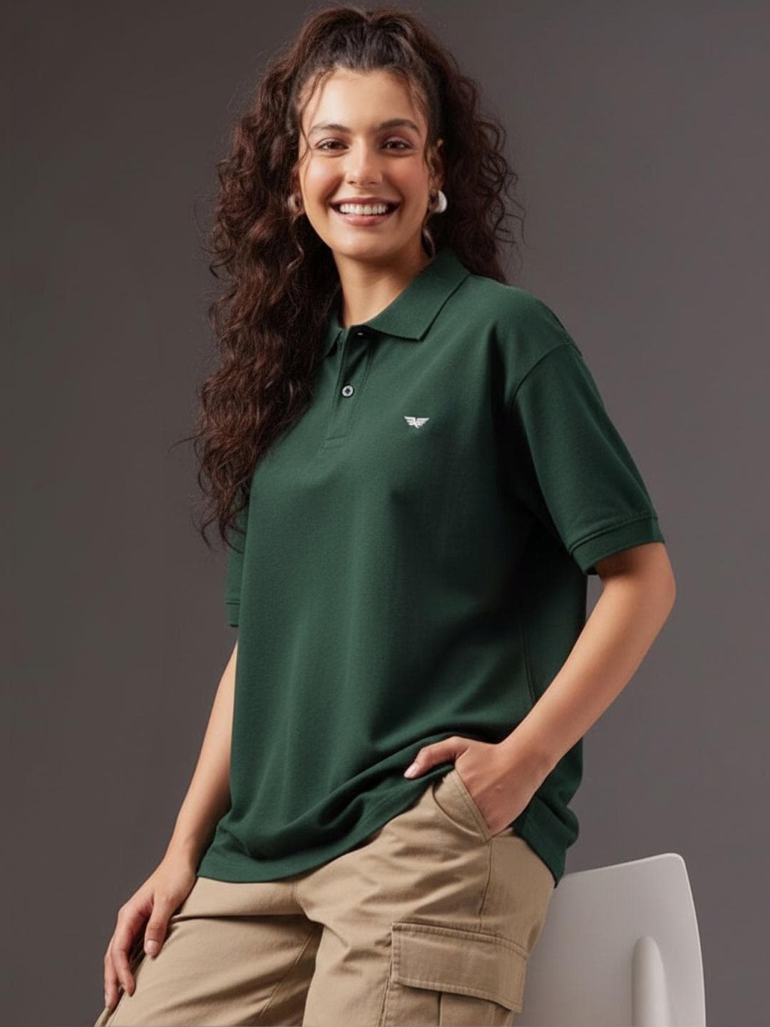 RISS Women Brand Logo Polo Collar Applique T Shirt