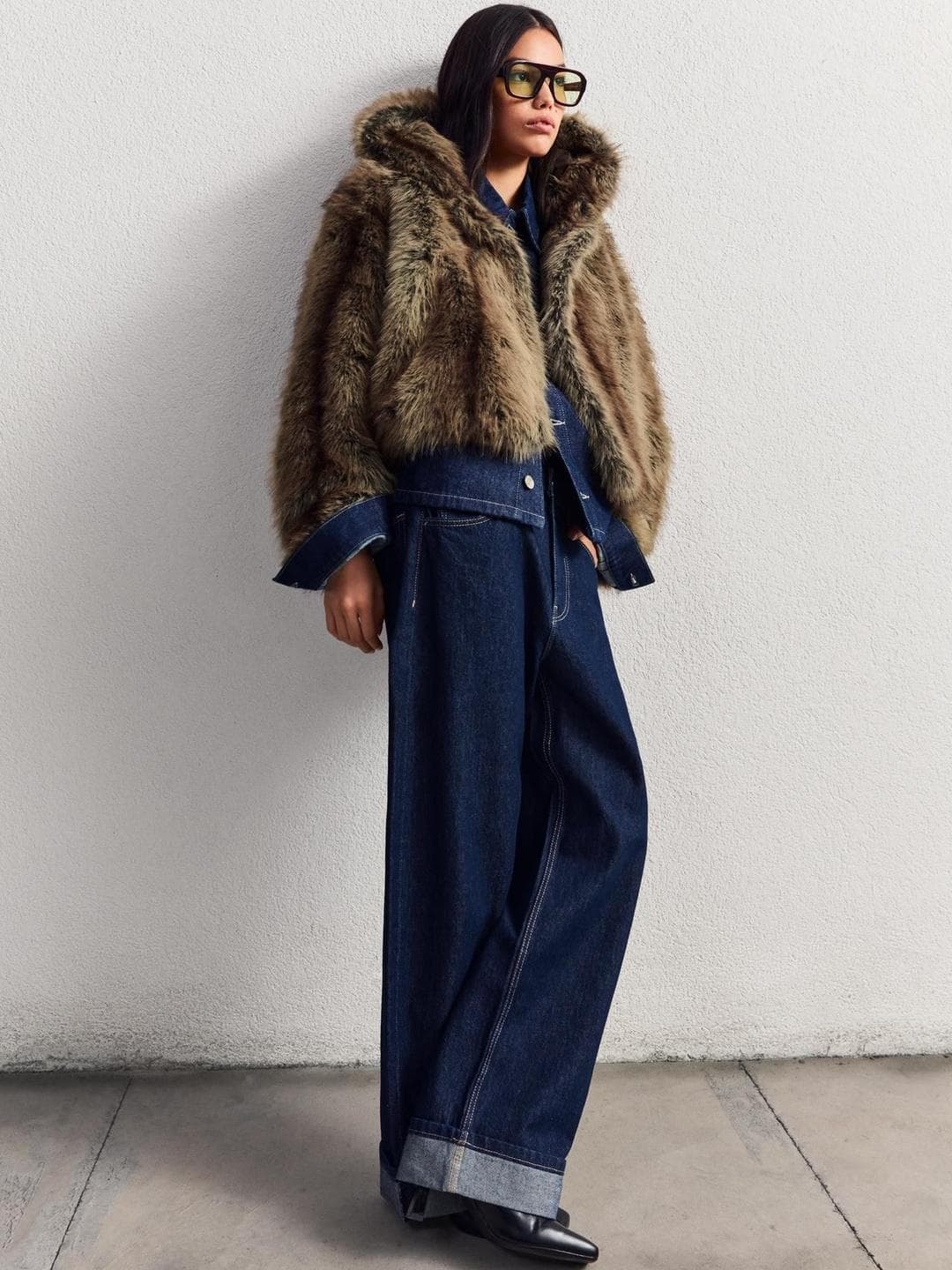 Bershka Women Crop Hooded Faux Fur Jacket