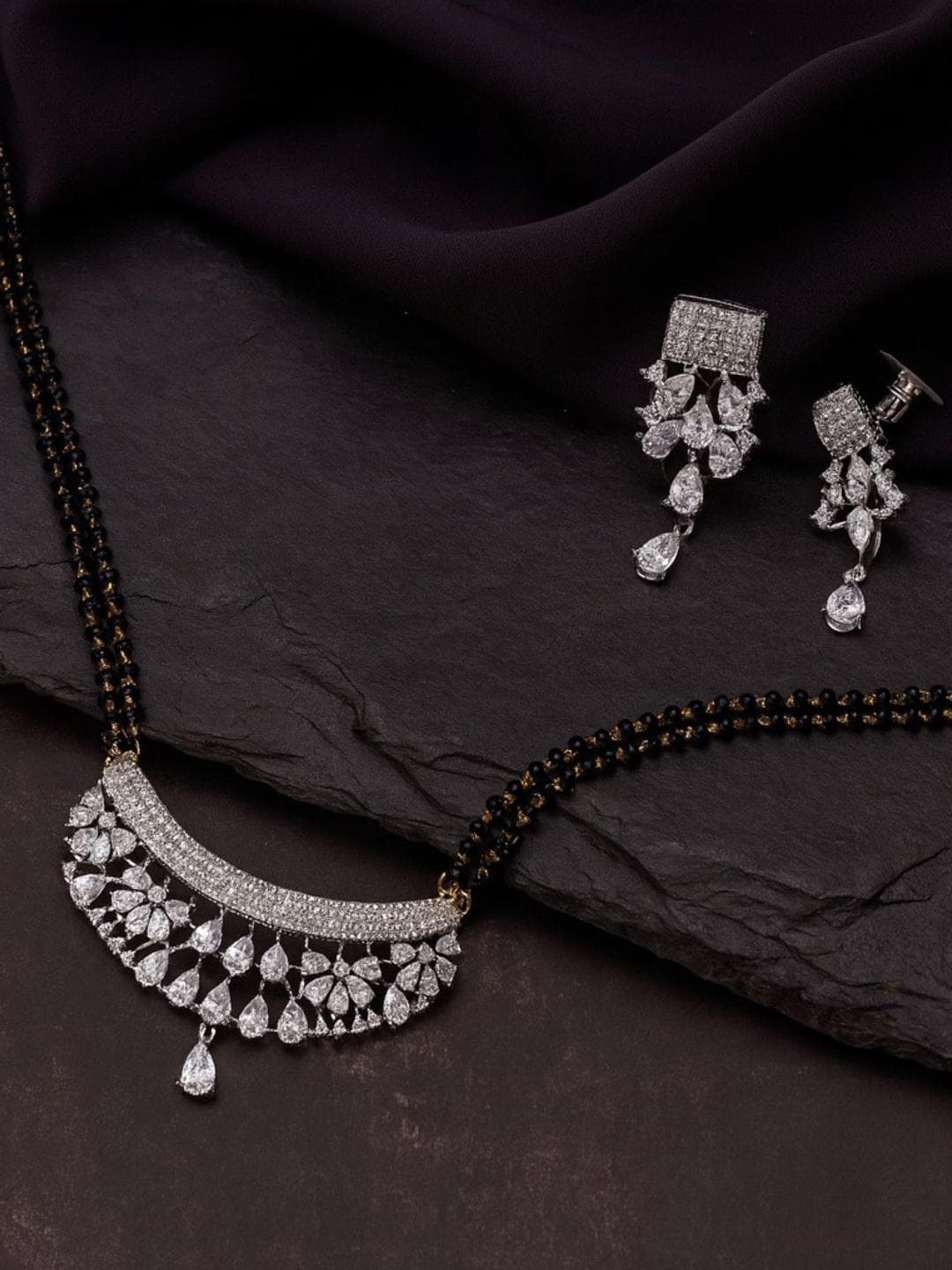 Digital Dress Room Gold Plated AD Studded Curved Shaped Mangalsutra With Earrings