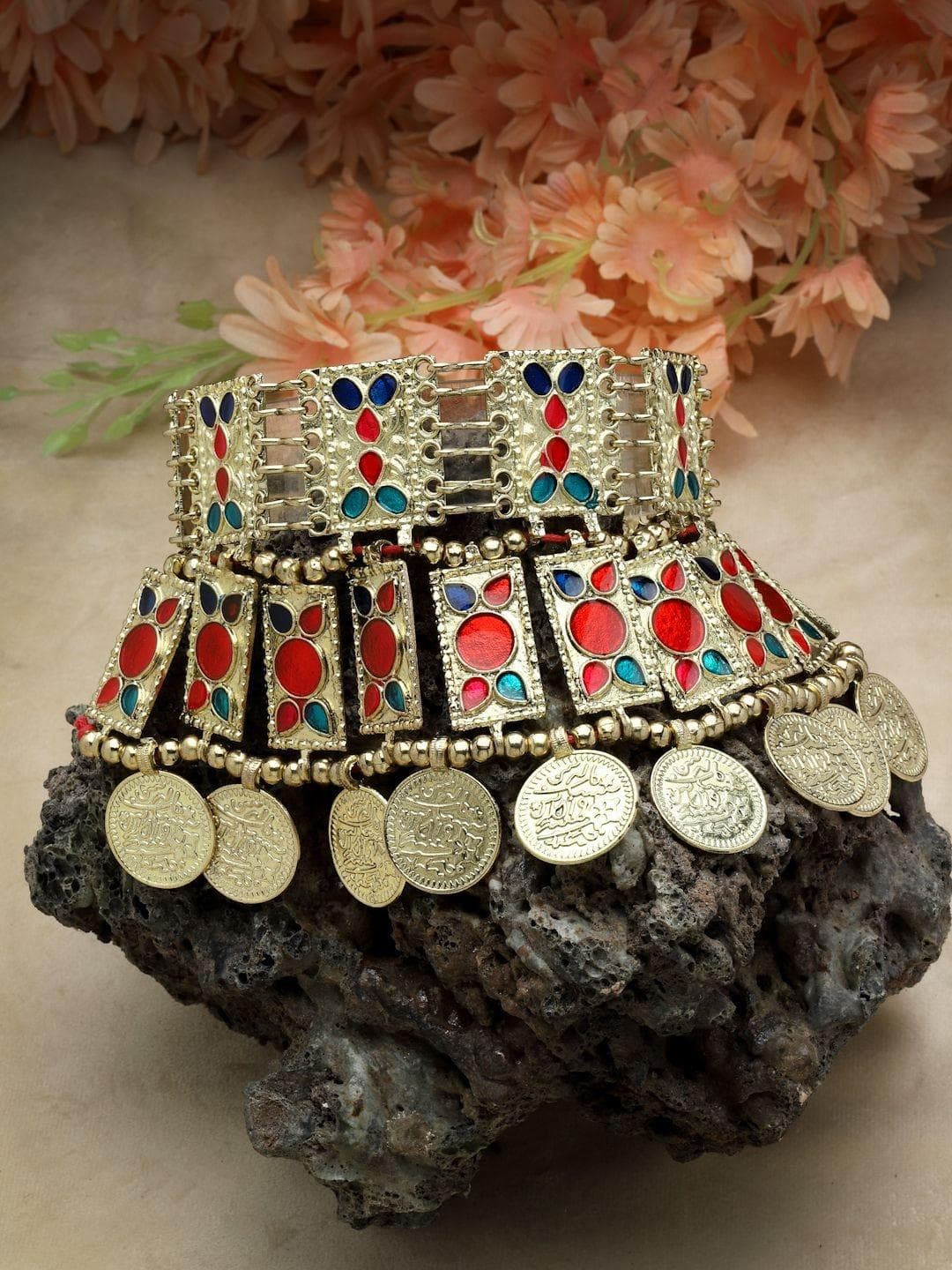 Moedbuille Brass Gold Plated Meenakari Necklace