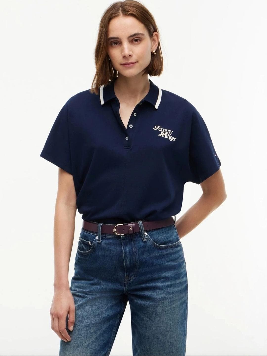 Tommy Hilfiger Women's Embroidered Brand Logo Relaxed Fit Polo T Shirt